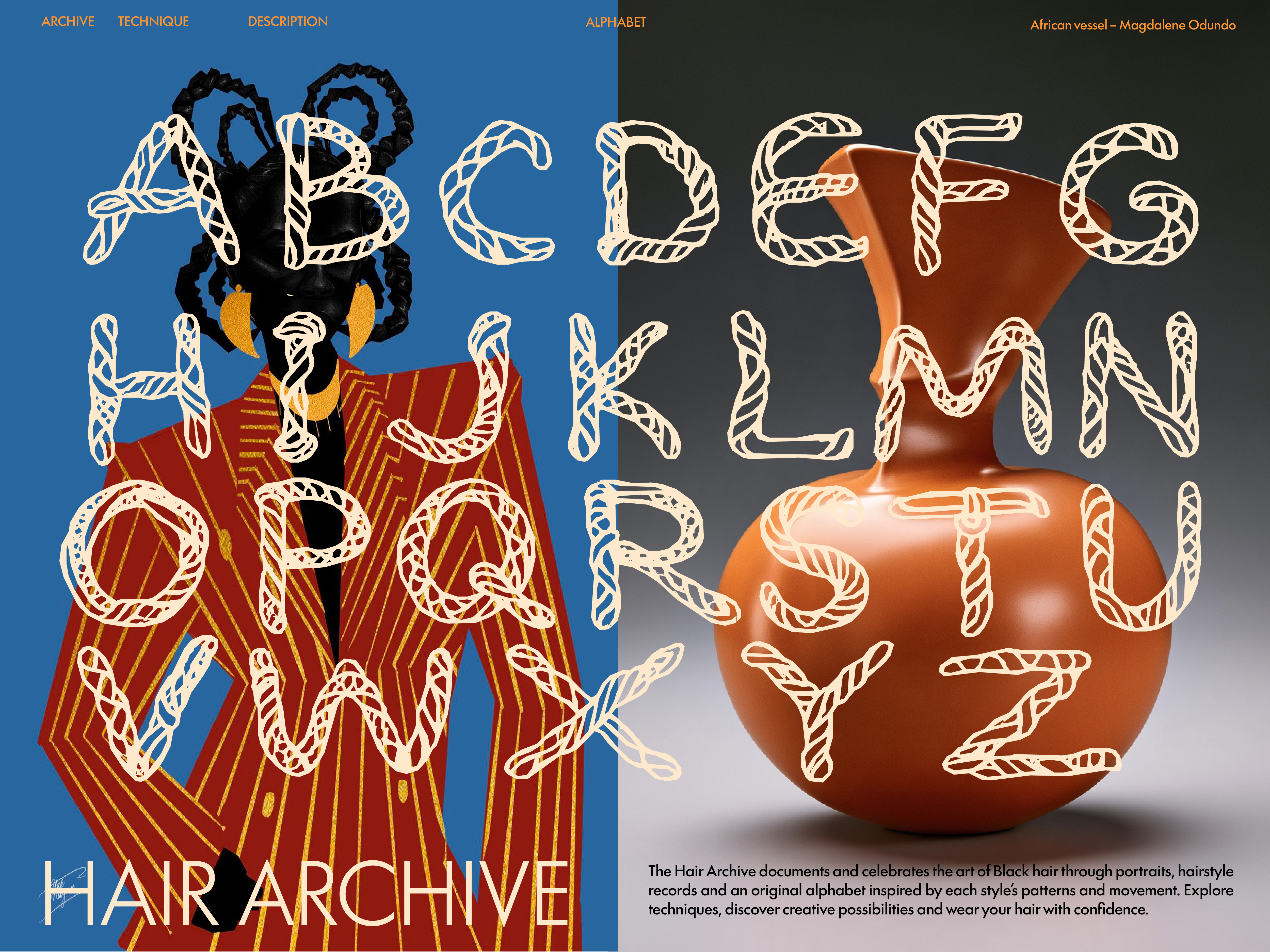 The Hair Archive original landing page artwork: a portrait and sculptural vessel beneath woven cream lettering.
